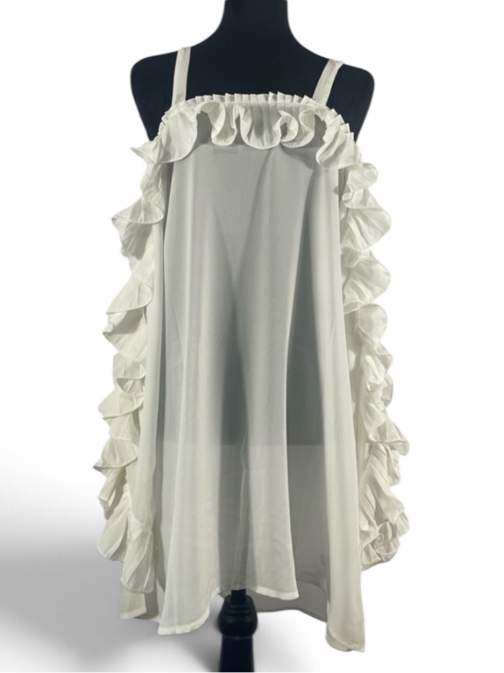 White Ruffle Dress, Tunic, Top, Spaghetti Straps,peep hole arms with ruffles,New